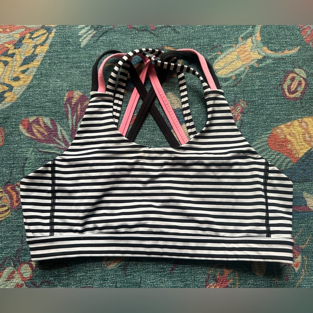 Lululemon Athletica Black and White Striped Bra with Pink Accents